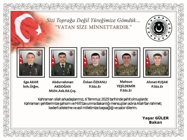 Irak’ın Kuzeyinde Acı Haber: 5 Asker Şehit