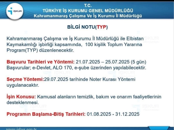 Elbistan’da 100 Kişilik TYP İstihdamı: Başvurular Başladı!